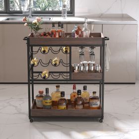 3 Tier Industrial Rolling Serving Cart with Lockable Wheels, Wine Rack Cart with Glass Holder for Indoor and Outdoor