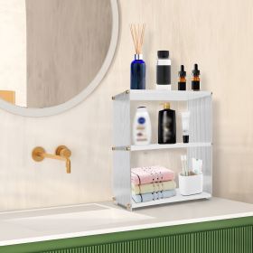 3-Tier Acrylic Countertop Organizer Bathroom Wood Counter Storage Rack Standing Vanity Cosmetics Shelf Cup Holder Desk Display Shelves (Color: White)
